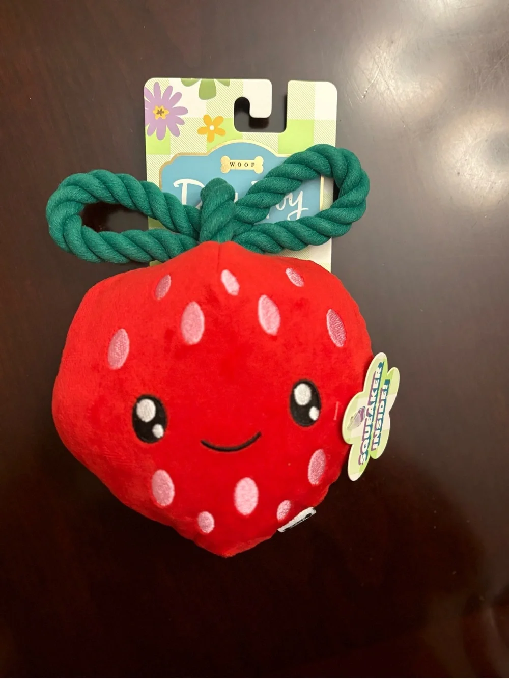 Woof Strawberry Plush Rope Squeaky Dog Toy